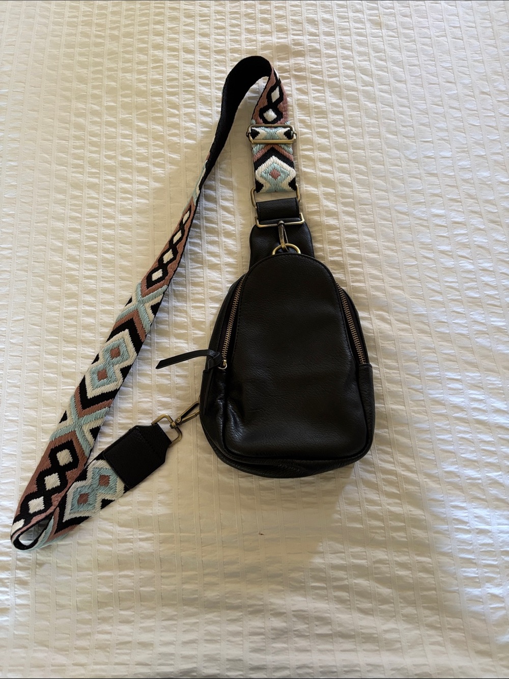 Anthropologie Black Vegan Leather Crossbody with Patterned Strap
